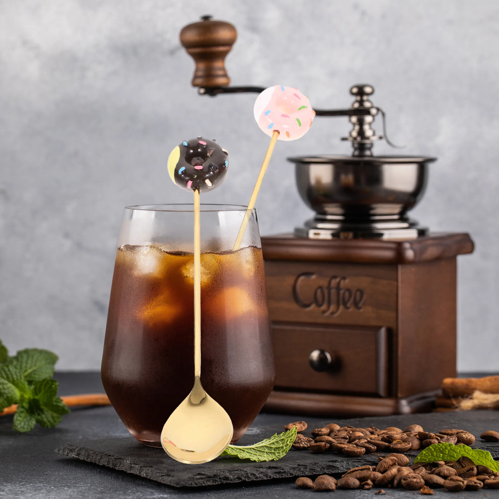 

4Pcs Donut Spoon Set Long Handle Stainless Steel Mixing Spoons for Tea Dessert Pudding Milk Tea Cocktail Stirring Kitchen