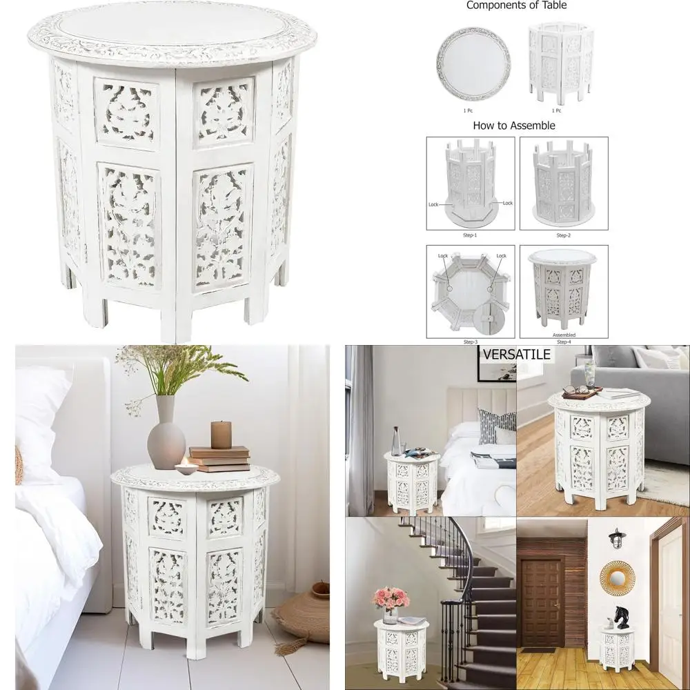 

Vintage Boho Folding End Table - Handcrafted Solid Wood Accent Table for Small Spaces, 18 Round, Jaipur Antique White