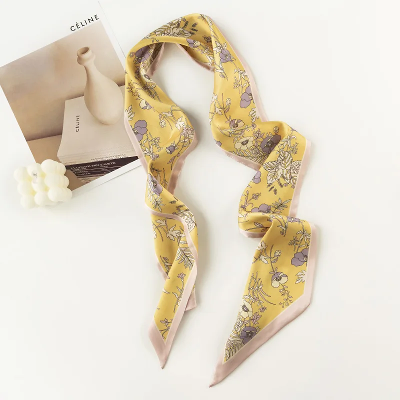 2023 New Fashion Satin Silk Hair Ribbon Scarf for Women Floral Print Skinny Scrunchies Hairbands Neckerchief Wrist Wrap Neck Tie