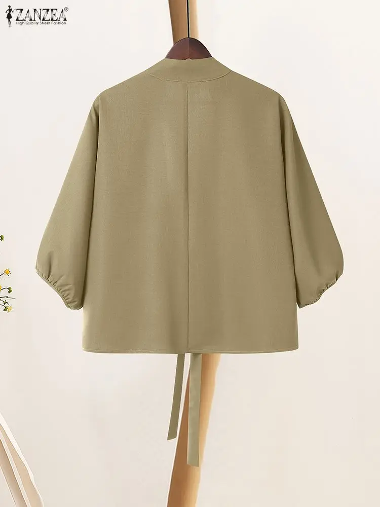2025 ZANZEA Autumn Women Open Front Cardigan Thin Coats Stylish Solid OL Work Blouse Elegant V Neck Lantern Sleeve Tops Kimono