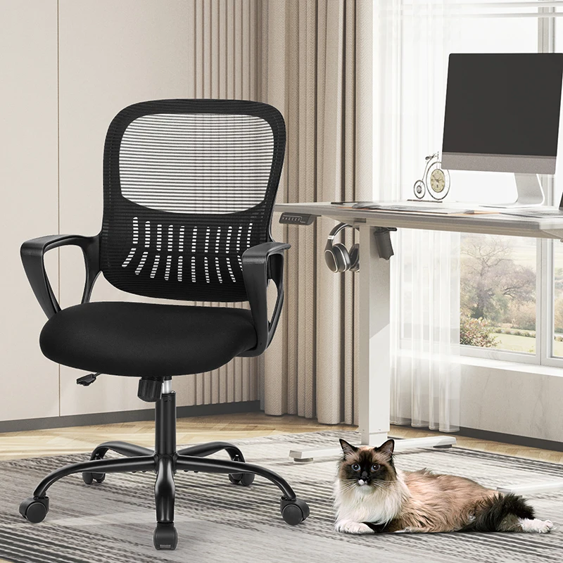 Sweetcrispy Ergonomic Office Chair Home Desk Mesh Chair with Fixed Armrest Executive Computer Chair with Soft Foam Seat Cushion 