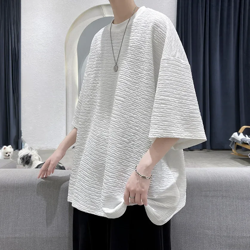 

Pop Ice Silk Short Sleeve T-Shirt Men's Loose Summer Fashion Brand Half Sleeve Body Shirt Hong Kong Style INS Trendy Design Crum