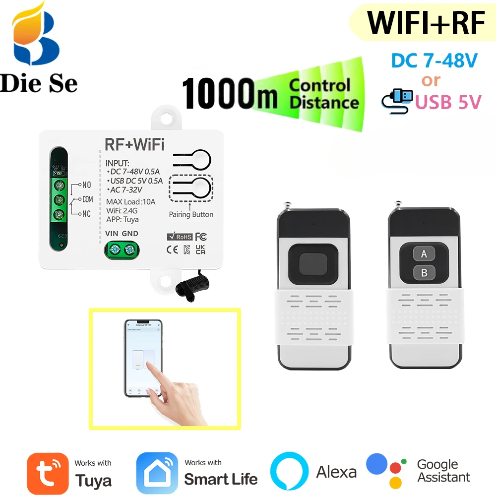 WiFi RF433MHz Wireless Remote Control Smart Switch Dry Contact Relay Transmitter DC 12V 24V 1CH work with Tuya Smart Life Alexa