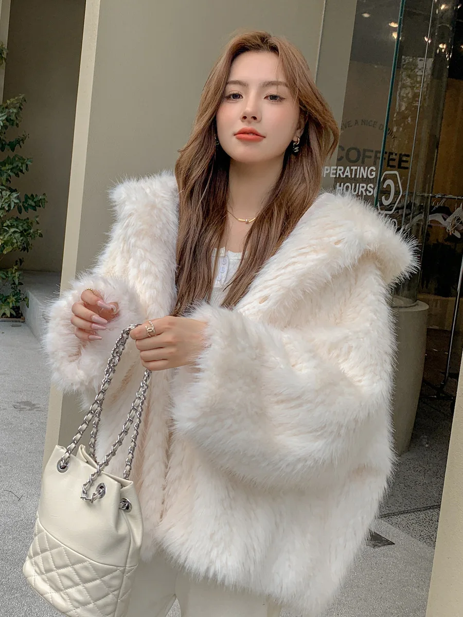 Women Hooded Faux Fur Coat Oversized Batwing Sleeve Fluffy Jacket White Pink