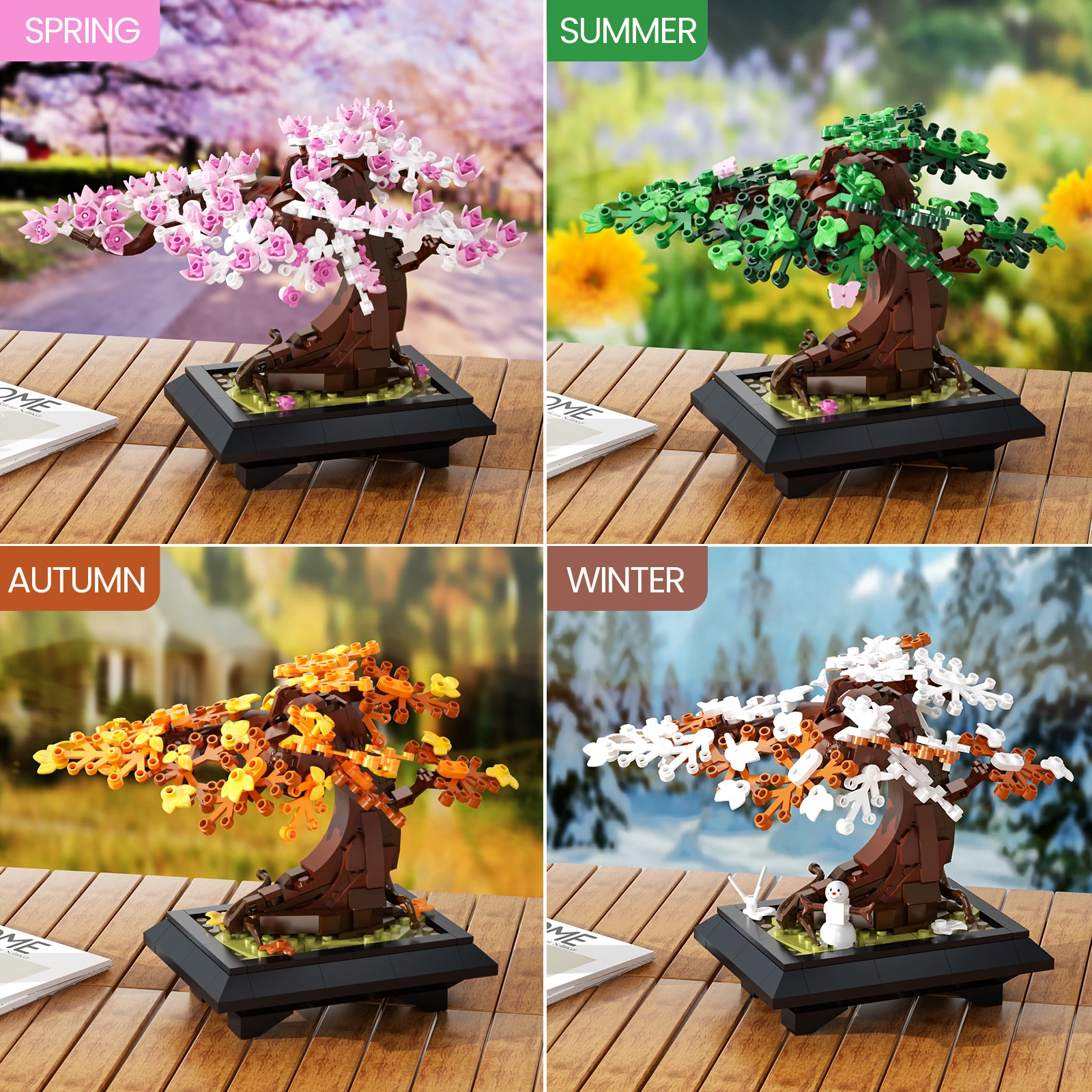 MOC Vier Saison Blume Baum Ziegel Modell Frühling Sommer Herbst Winter Bonsai Baum Hause Dekoration Bausteine Spielzeug Kinder Geschenke