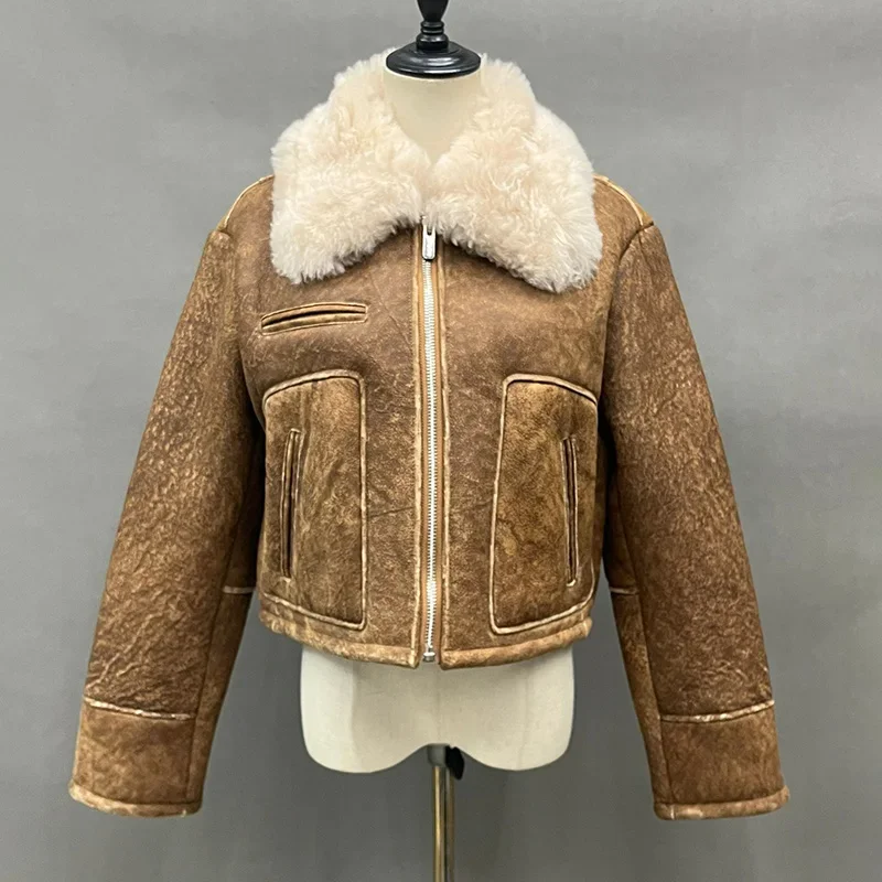 Lady 2024 Fashion Shearling Leather Jackets Women Fashion Real Wool Lamb Fur Coat Sheepskin Winter Moto Biker Jacket