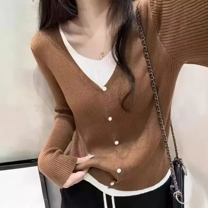 V-Neck Cashmere Fake Two-Piece Knit Sweater for Women Elegant Base Layer Thin Short Versatile Top