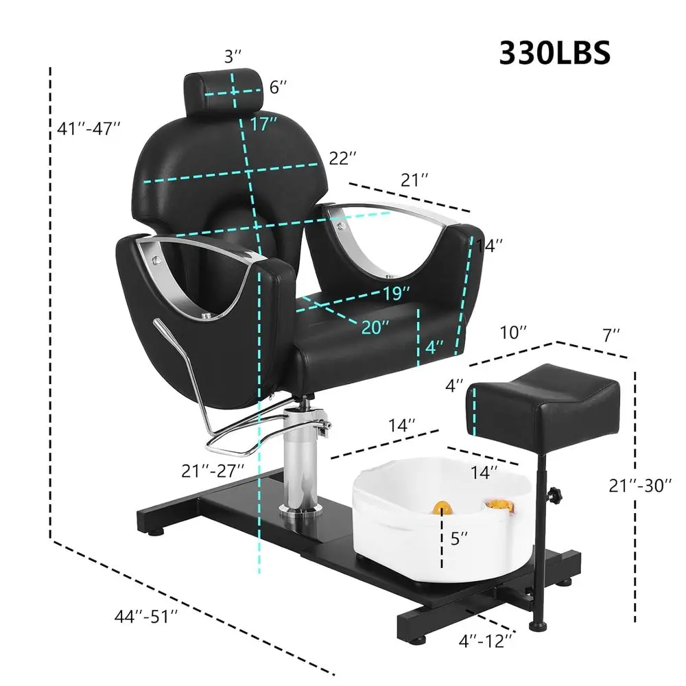 Hydraulic Adjustable Height Pedicure Chair with Stool and Massage Foot Bath, Black and Silver