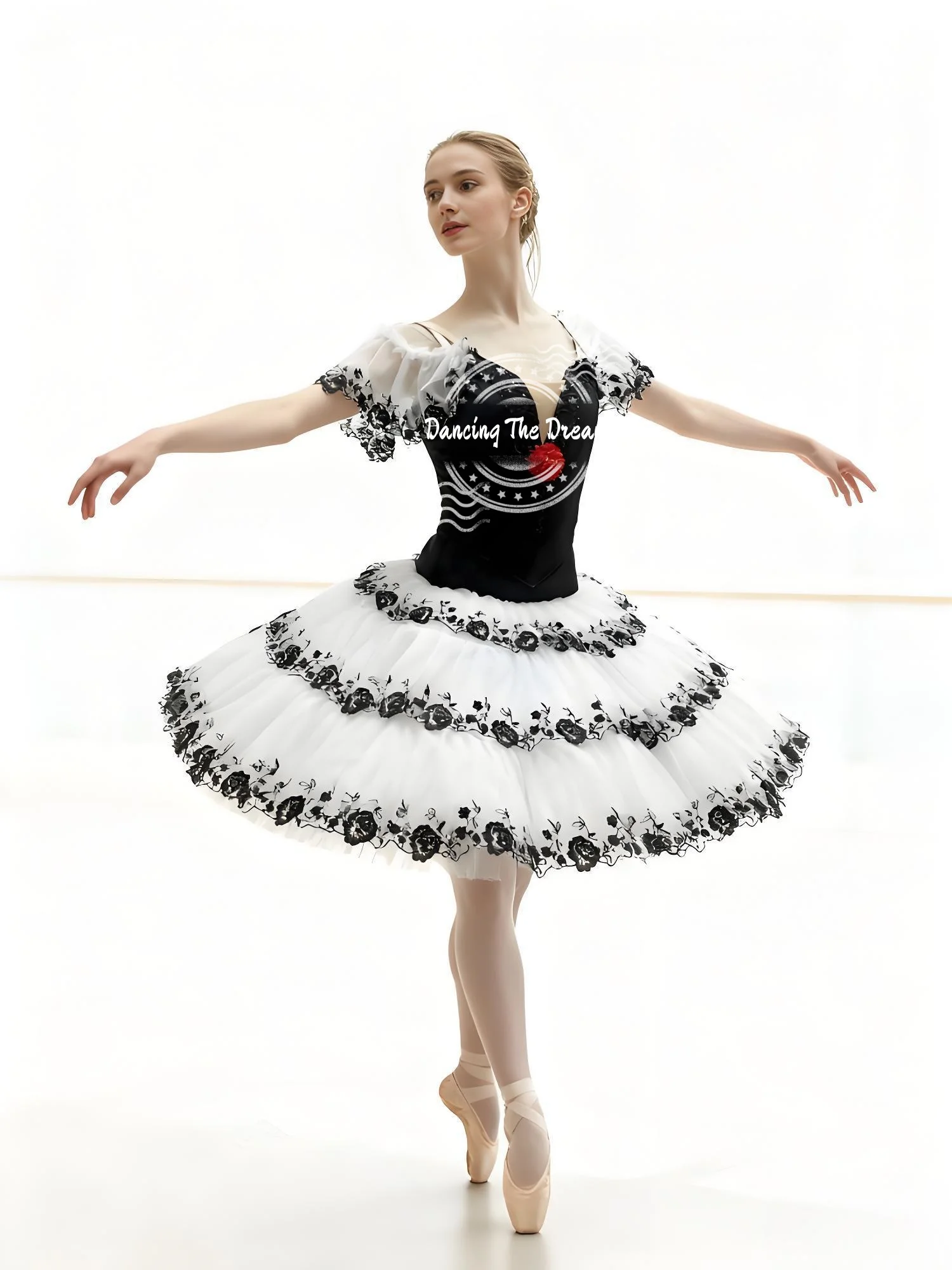 

Chic Black Bodice Ballet Tutu with White Tulle & Floral Trim Layered Tulle Ballet Dress with Contrast Floral Trim