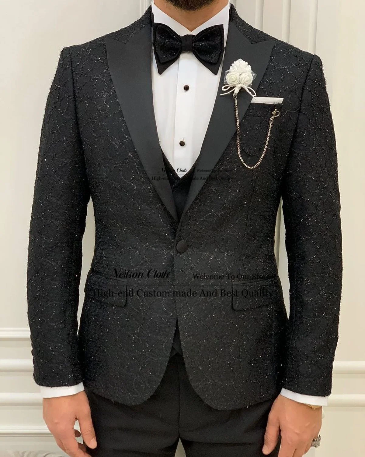 

Black With Pattern Men Suits Peaked Lapel Male Prom Blazers 3 Pieces Sets Groom Wedding Tuxedos Slim Fit Business Costume Homme