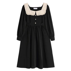 Harajuku Gothic Black Dresses Women Sweet Lolita Girls Square Doll Collar Palace Retro Hepburn Midi Spring And Autumn 2022 New