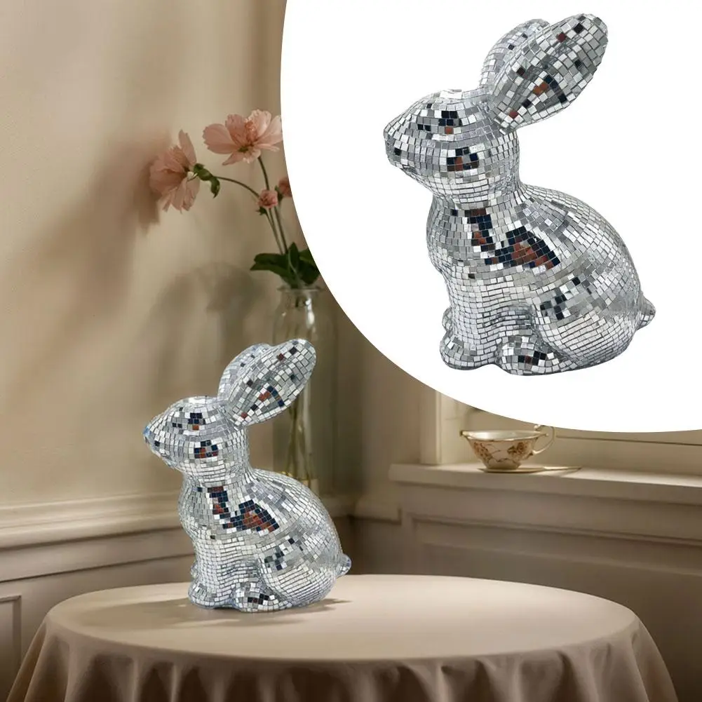Statua con sfera a specchio riflettente con coniglio da discoteca per feste di Pasqua, statuetta con finitura a specchio da discoteca coniglietto ornamento da tavolo per la casa dicembre S8I1