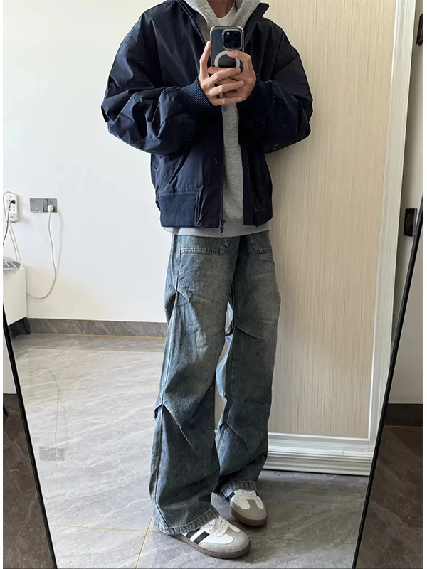 

Ретро американские сложенные джинсы с завышенной талией, мужские осенние свободные широкие брюки для спецодежды, модный дизайн, высокая талия, прямой крой