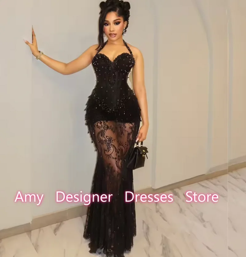 Fashion Prom Dresses For Girls Halter Black Mermaid Sleeveless Crystals Lace Applique Party Dress Vestidos De Festa Customized