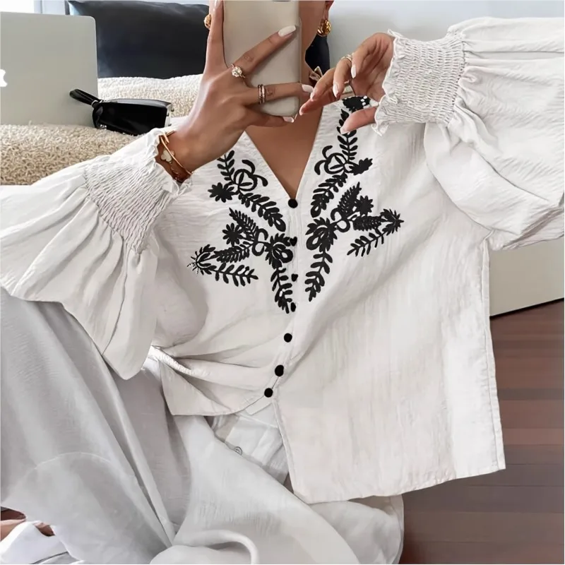 

V-neck Single Breasted Floral Decoration Temperament Commuting Shirt Top For Womens Spring Summer Versatile Long Sleeved New Top