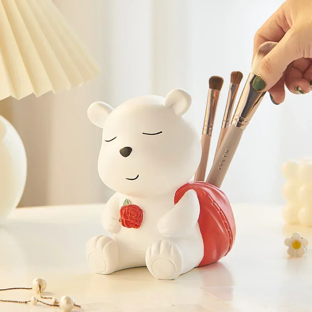 Creative White Bear Figurines for Interior Nordic Home Decor Resin Animal Statue Pen Holder Makeup Brush Organizer Desktop Decor