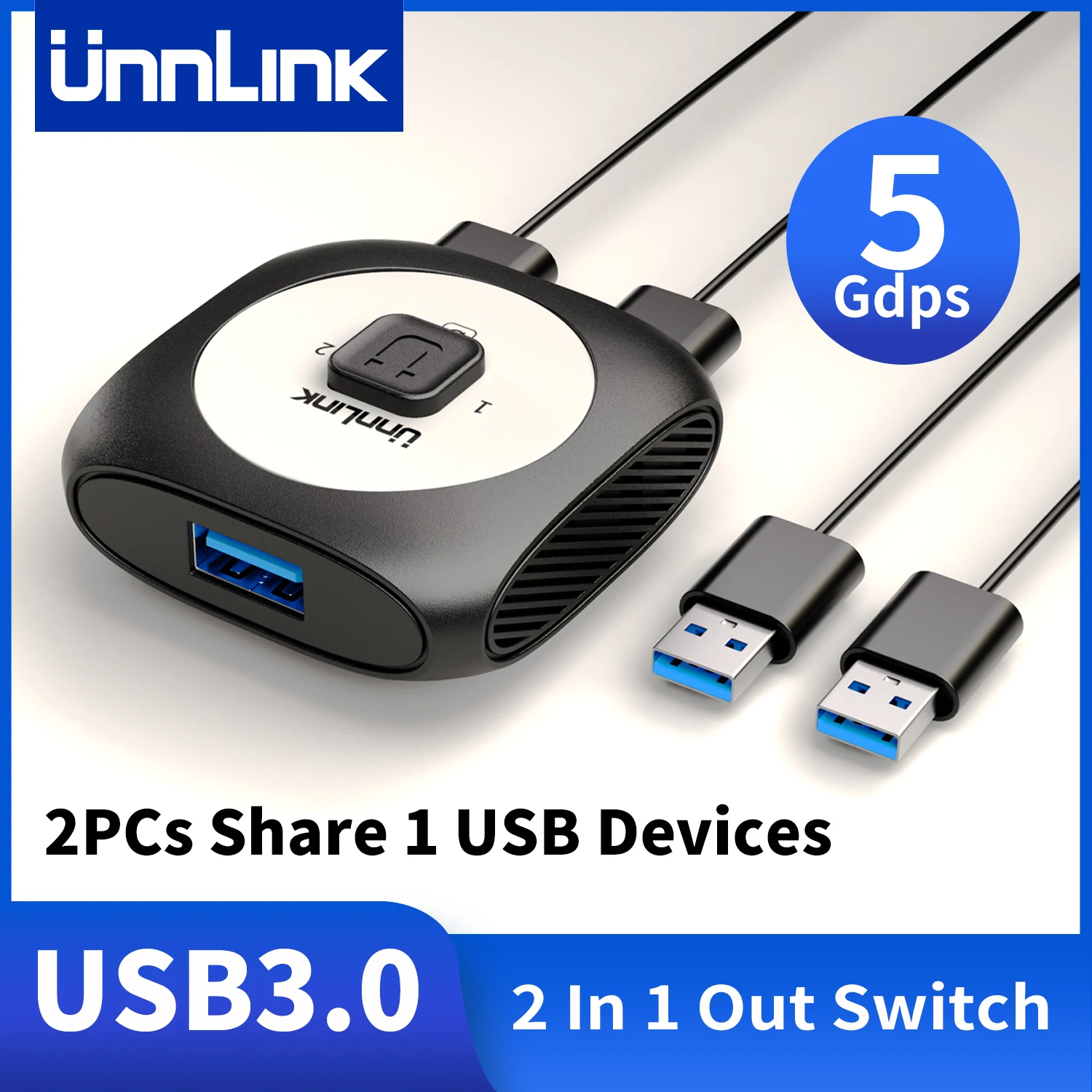 Unnlink USB 3.0 Switch Selector 5Gbps 2 In 1 Out for PC + Macbook to Mouse Keyboard Printer
