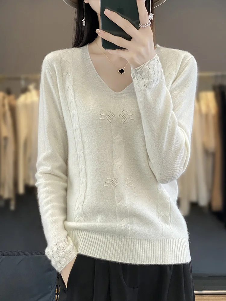 Pull en laine mérinos à col en V pour femmes, pull en tricot, vêtements pour dames, haut en tricot, tendances de la mode, nouveautés