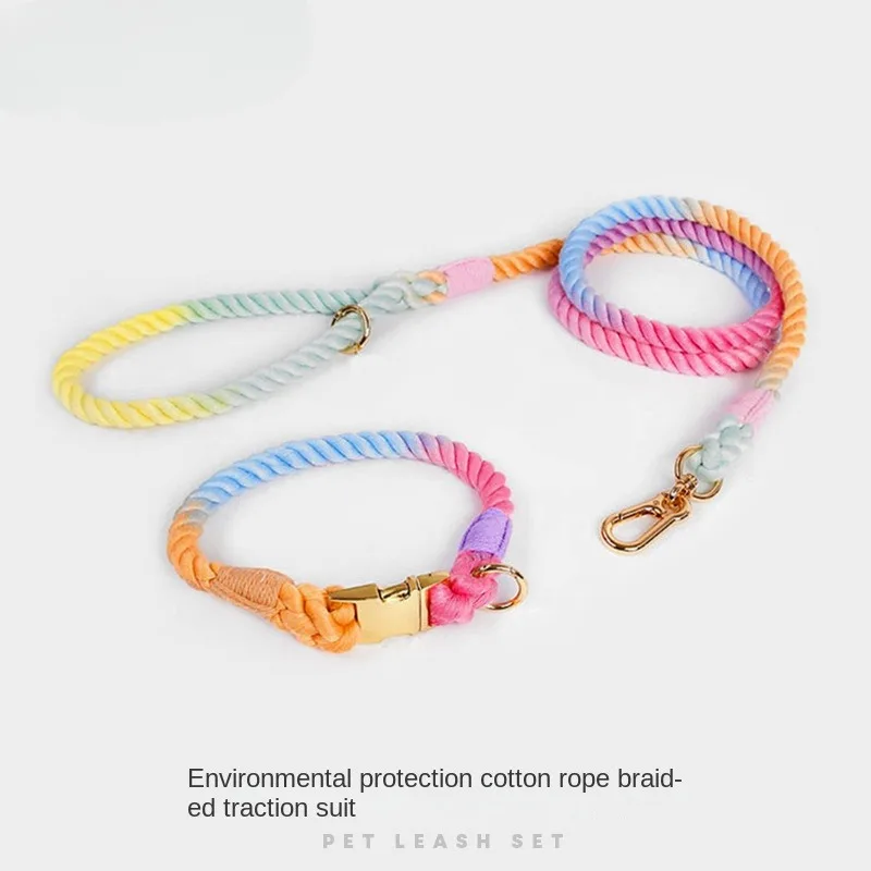 Woven Gradient Color Cotton String Pet Traction Necklet Set Dog Hand Holding Rope Medium Large Dog Puppy Supplies Accessories