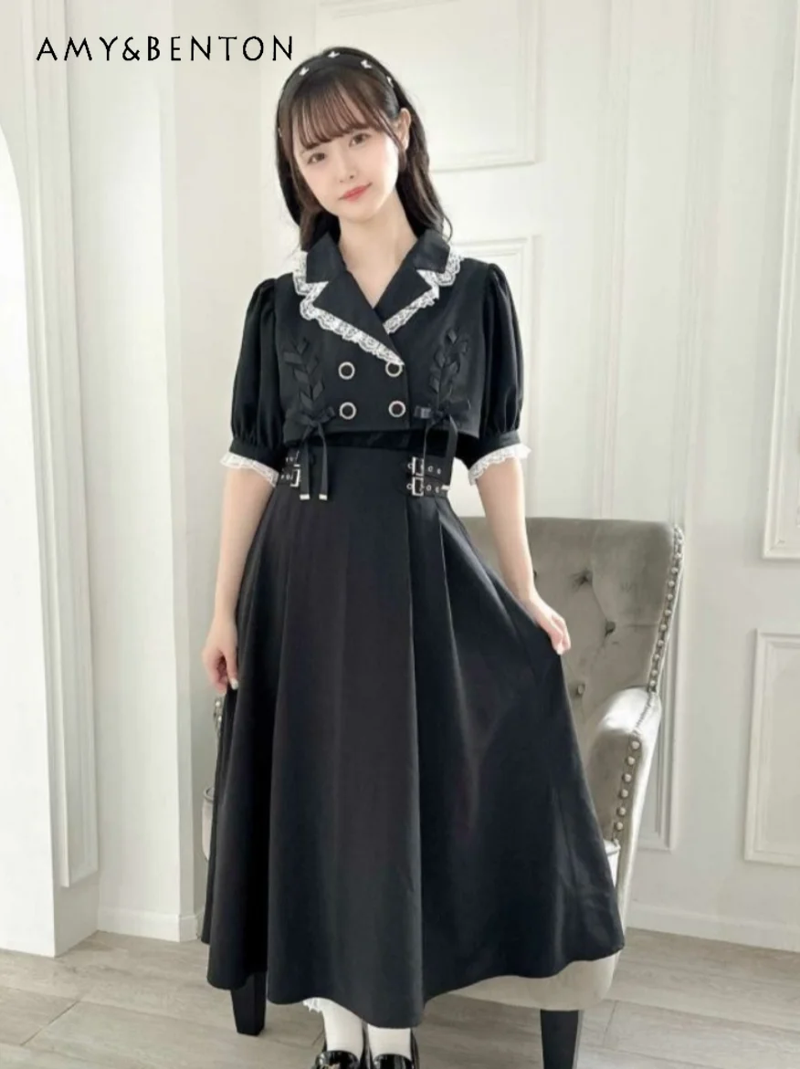 

Japanese Rojita Plaid Lace-up Sweet Cute Lolita Dresses Summer Mine Mass-Produced Sailor Collar Slim Graceful Mid-Length Dress