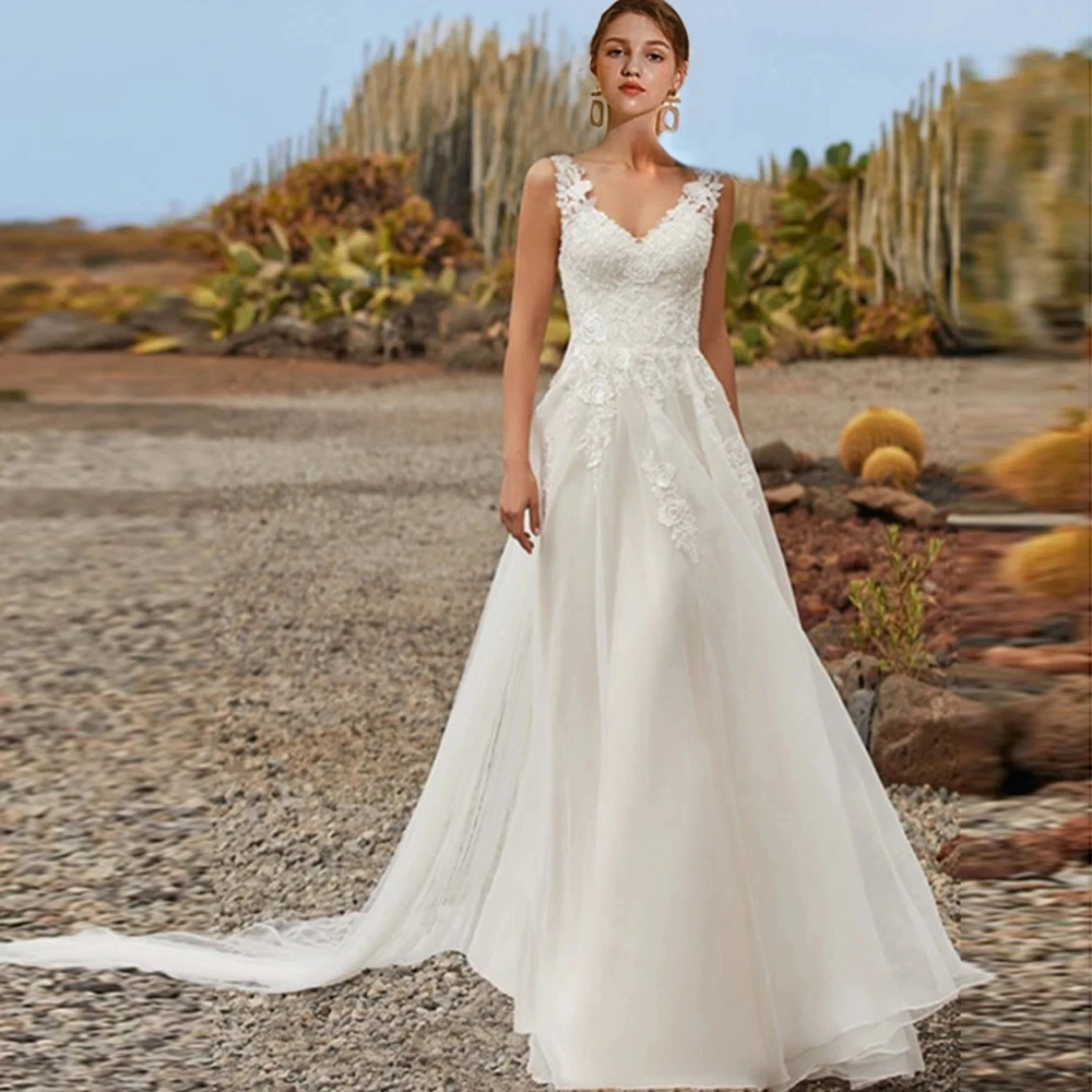 

Classic A-Line Wedding Dresses For Women 2024 Elegant Bridal Gowns Lace Appliques Sleeveless V-Neck Robes Vestidos De Novia 2023