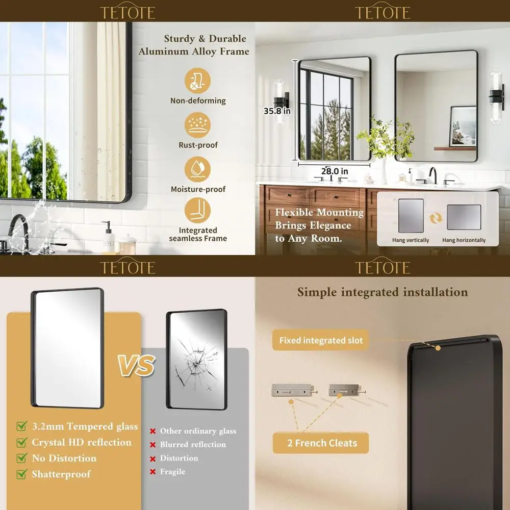 

Зеркало для ванной комнаты из закаленного стекла 36 x 28 дюймов, настенное, с матовой черной рамкой, подходит для ванной, прихожей, спальни, гостиной (Ho