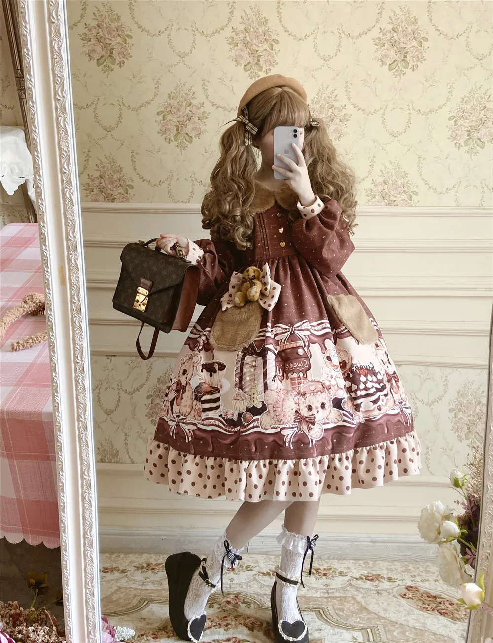 Lolita Autumn Winter Bobo Bear Teddy Retro Color Matching Warm Long-sleeved  Peter Pan Collar High Waist Victorian Dress Cos