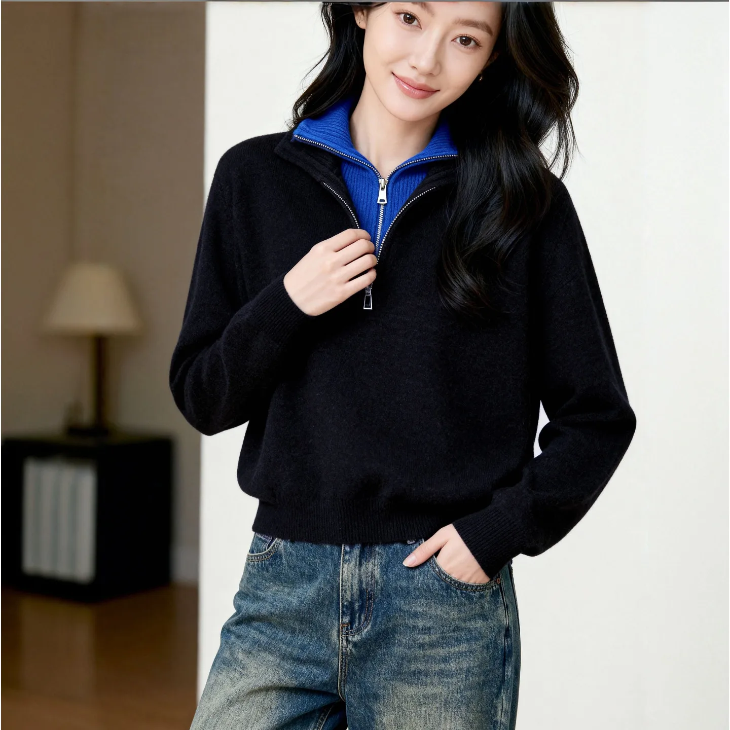 Casual wind contrast lapel design cashmere sweater women's winter half zipper pullover