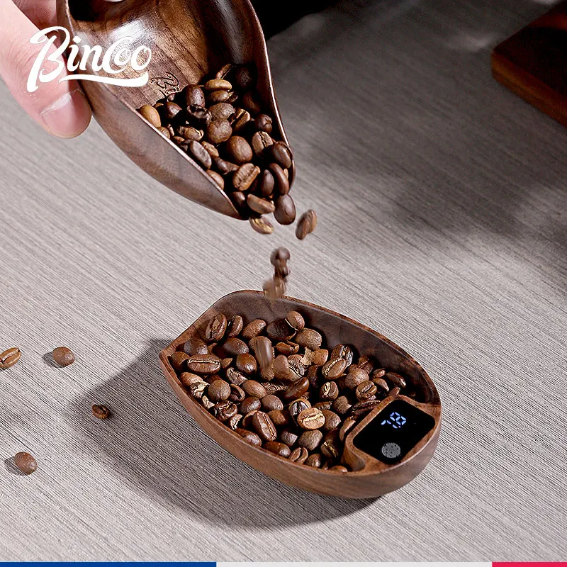 BINCOO Electronic Scale Bean Tray Espresso LED Weighing 0.1g Natural Walnut Wood Coffee Bean Scale High Precision Measures