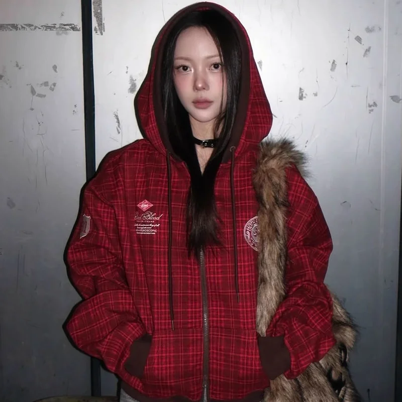 Sweat à capuche à carreaux rouge rétro américain pour femmes, Sport décontracté, coupe ample, brodé, longue fermeture éclair, printemps-automne