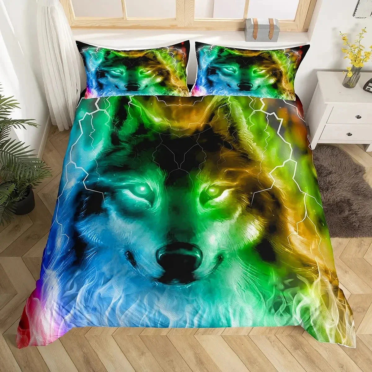 

Boys Wolf Duvet Cover Set Queen Size, Boho Wolf Wildlife Animal Bedding Set Men Galaxy Dream Catcher Moon Polyester Quilt Cover