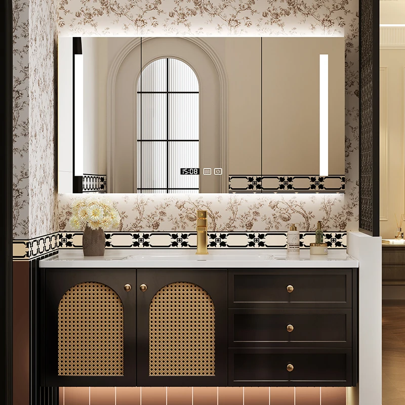 

French retro rattan oak bathroom cabinet combination ceramic integrated basin hot bending washstand toilet