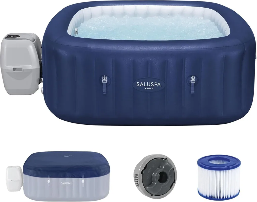 

Bestway SaluSpa Hawaii 4 to 6 Person Inflatable Hot Tub, Square Energy-Efficient Portable Outdoor Spa with 140 AirJets, 71"x 28"