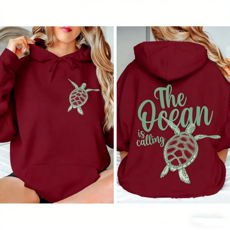 Sudadera The Ocean is Calling con estampado minimalista de tortugas para amantes de las tortugas, Sudadera térmica con capucha de tortugas marinas para mujer, regalos ecológicos