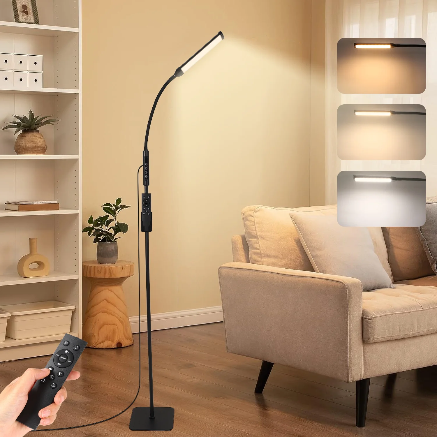 フロアランプをタッチすると、3つのカラーモードで明るさと高さを調整可能、柔軟に回転できます。