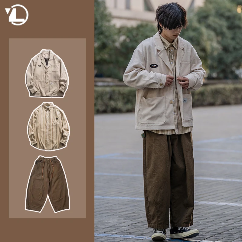 3 Pcs Autumn Set Men Women Vintage Corduroy Jacket Long Pant Stripe Shirts Loose Korea Style Autumn High Street Casual Suits