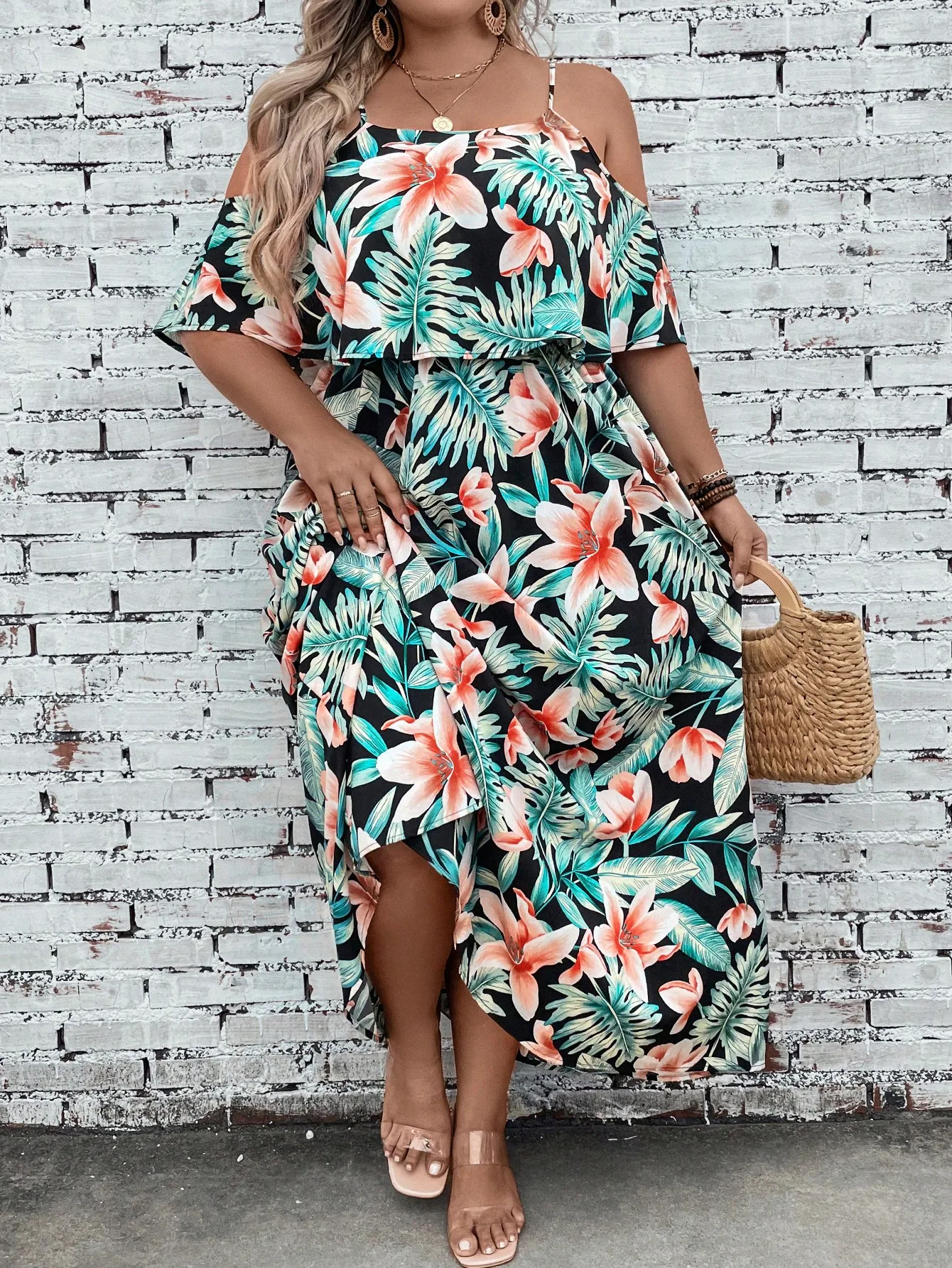 

Tropical Print Cold Shoulder Ruffle Dress for Summer Beach Holiday Boho Style