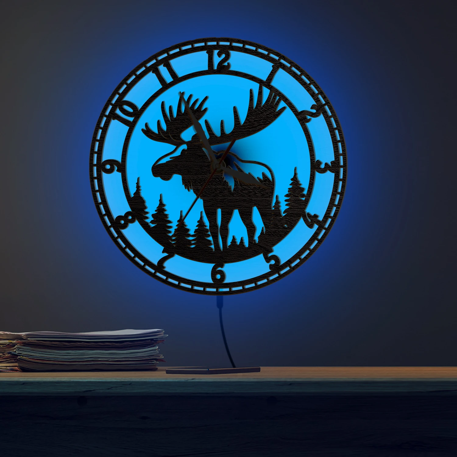 Moose LED Light Up Illuminated Sign Wooden Wall Clock for Man Cave Hunting Camp Elk Wild Deer Luminous Wall Clock Glow in Dark