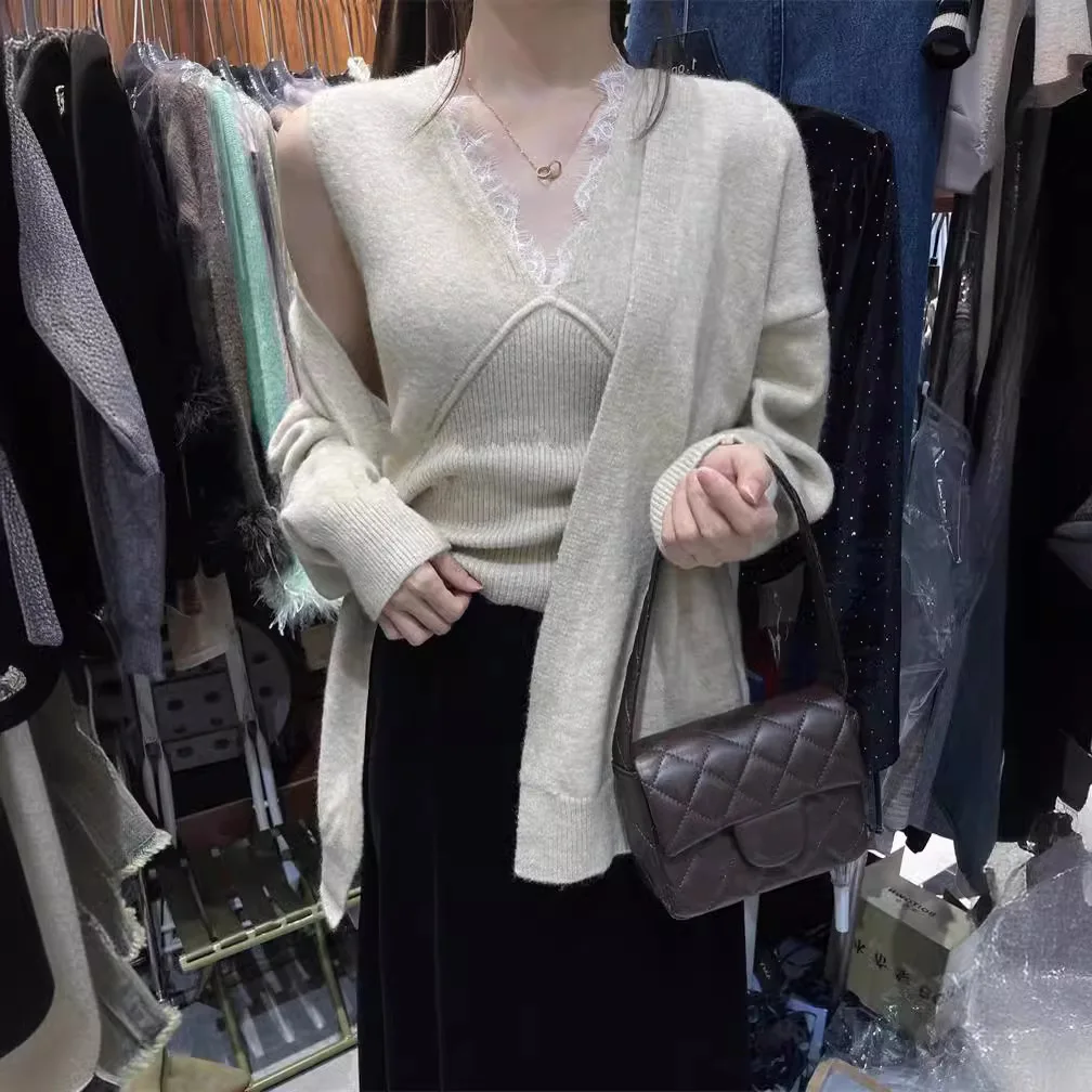 

7388 Drunken Atmosphere ~ Pure Desire Temperament V-Neck Lace Waist-Cinching Vest + Shawl Cardigan Two-Piece Set