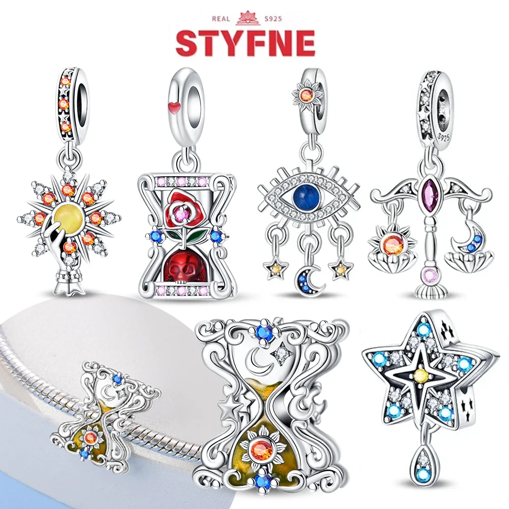 

Sterling Silver 925 Exquisite Tarot Cards Charms Red Rose Star Moon Beads Fit Original Bracelet DIY Fine Gifts for Women