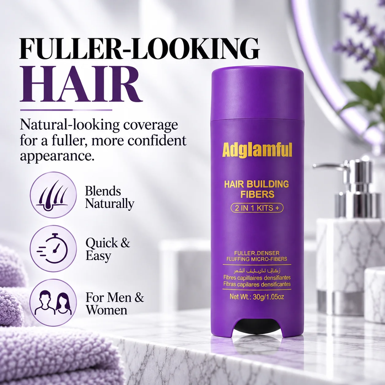 Adglamful Hair Building Fibers 30g, 2-in-1 Bottom Press Hair Fiber Powder with Precision Sifter for Fuller-Looking Hair