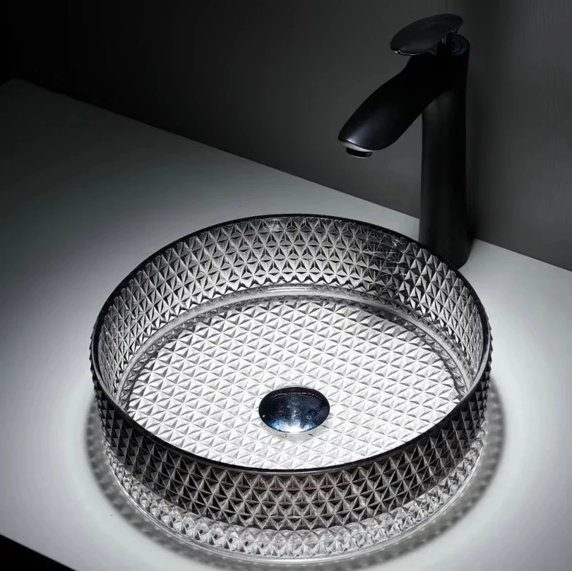 Light Luxury Circular Crystal Glass Countertop Basin, Modern Diamond Patterned Countertop Basin, Colored Glass Washbasin ZY591SQ