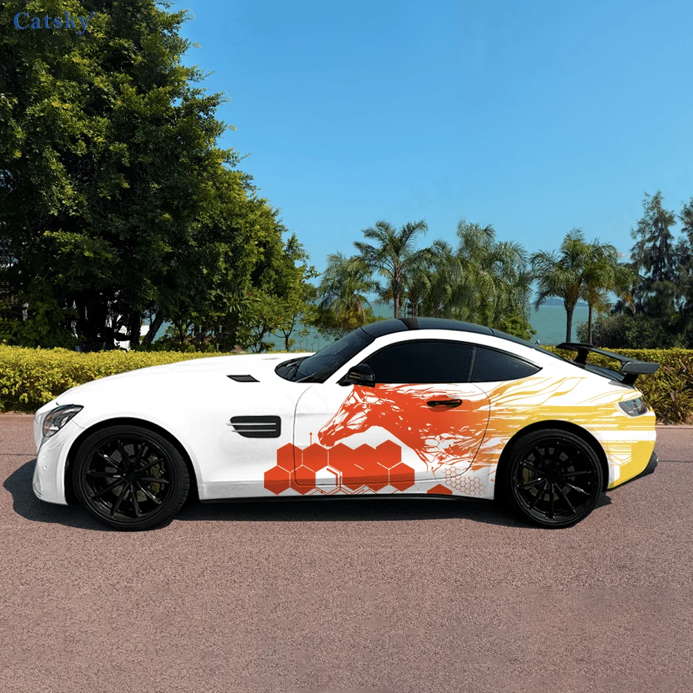 Dynamic Horse Honeycomb Splash Car Side Sticker Decor,PVC Waterproof Scratch Resistant Decal,Car Protect,Auto Accessories Gift
