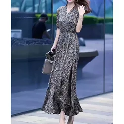 Summer New Women's Korean V-Neck Pockets Printed Tie Up with Spliced Short Sleeve Elegant Slim Commute Large Hem Long Dress