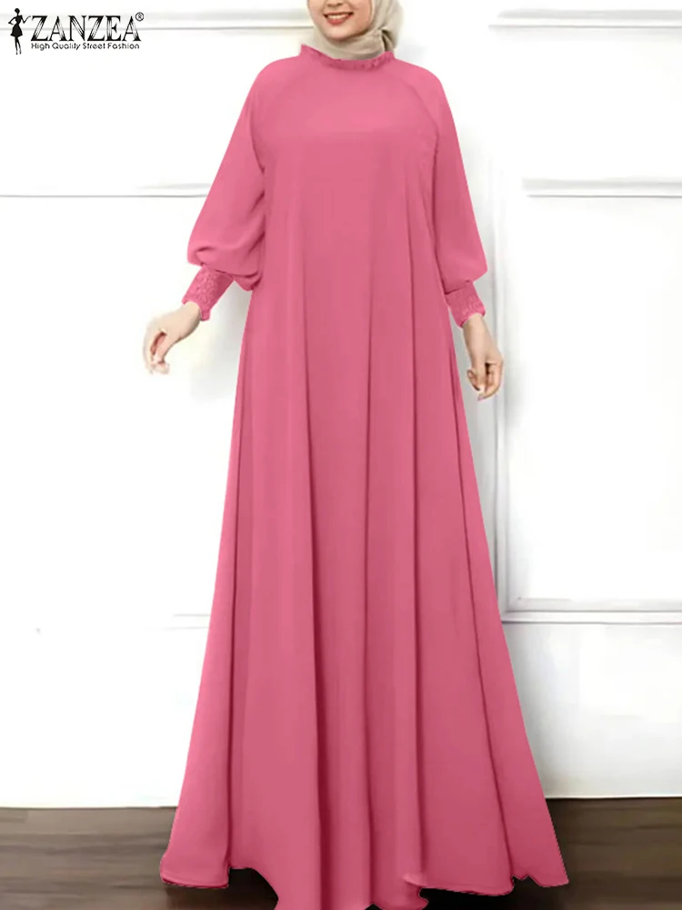 ZANZEA Women Modest Elegant Eid Maxi Dress Shirring Cuff Long Sleeve Ruffled O Neck Vestidos Muslim Islamic Hijab Abaya Robes