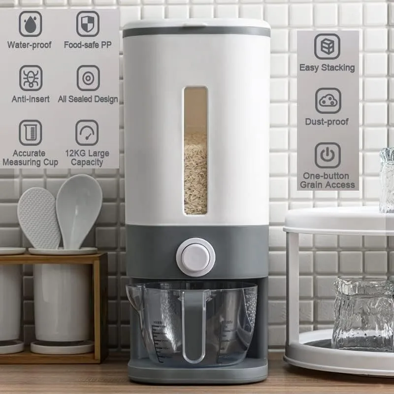

25 Lbs Rice Dispenser, Large Grain Container Storage with Lid Measuring Cylinder Moisture Proof Household Cereal Dispenser