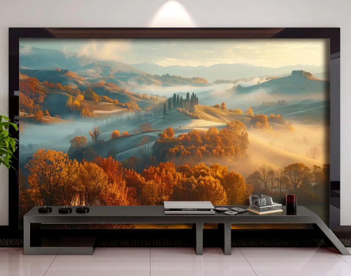 

Custom mural mediterranean cave rock sea dusk wallpaper Light Luxury Snow mountain scenery wallpaper Waterfall Tree Living Room
