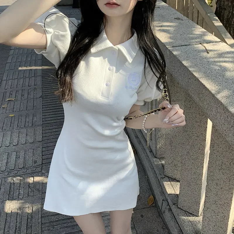 Short Sleeve Dress Women Summer Kawaii Girlish Turn-down Collar Japanese Sweet Defined Waist Mini Vestido Gentle Ulzzang College