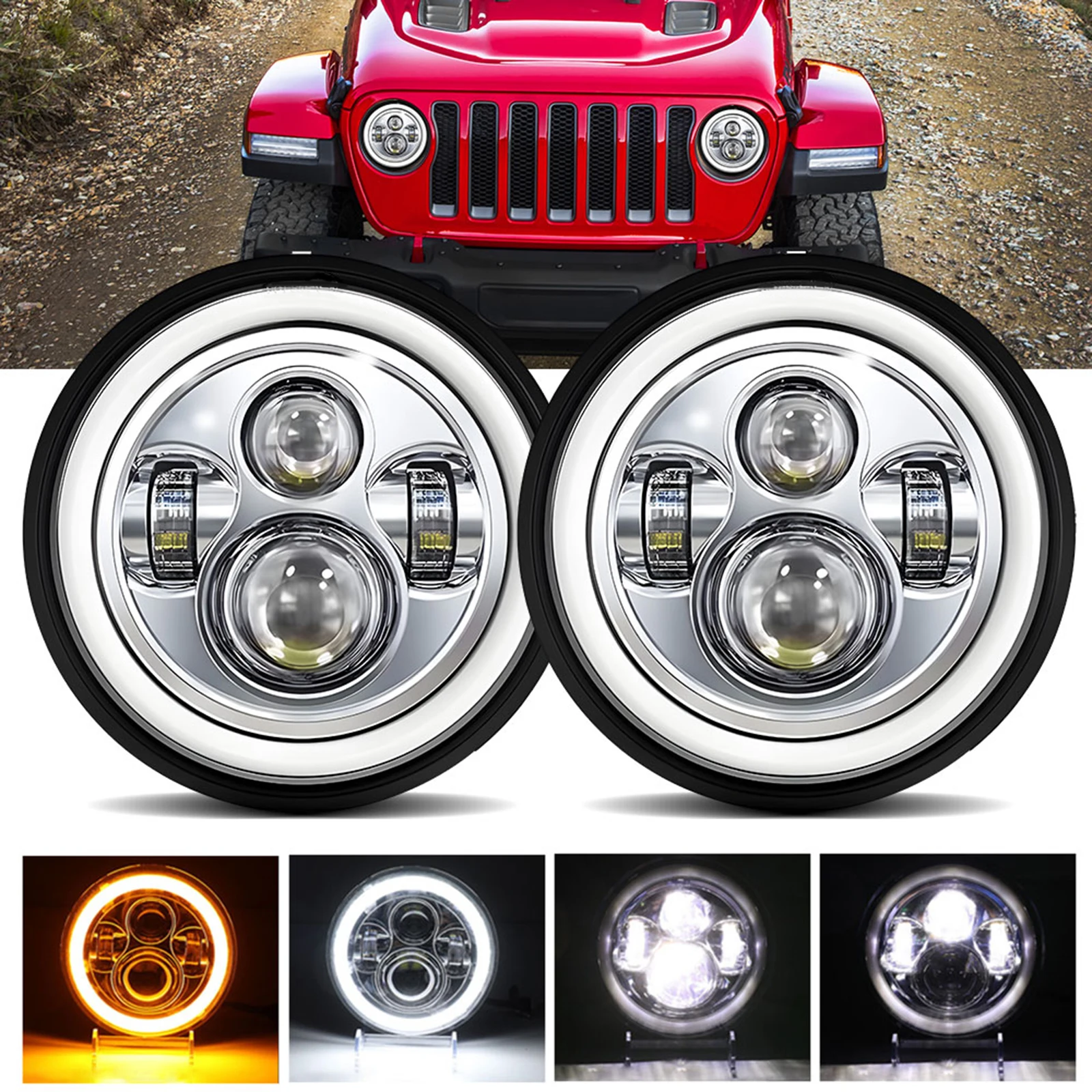 1Pcs 7 inch Car Motorcycle LED Headlight High Beam 7\'\' Round Headlight 6000K 140W IP67 Waterproof Replacement for Jeep Wrangler