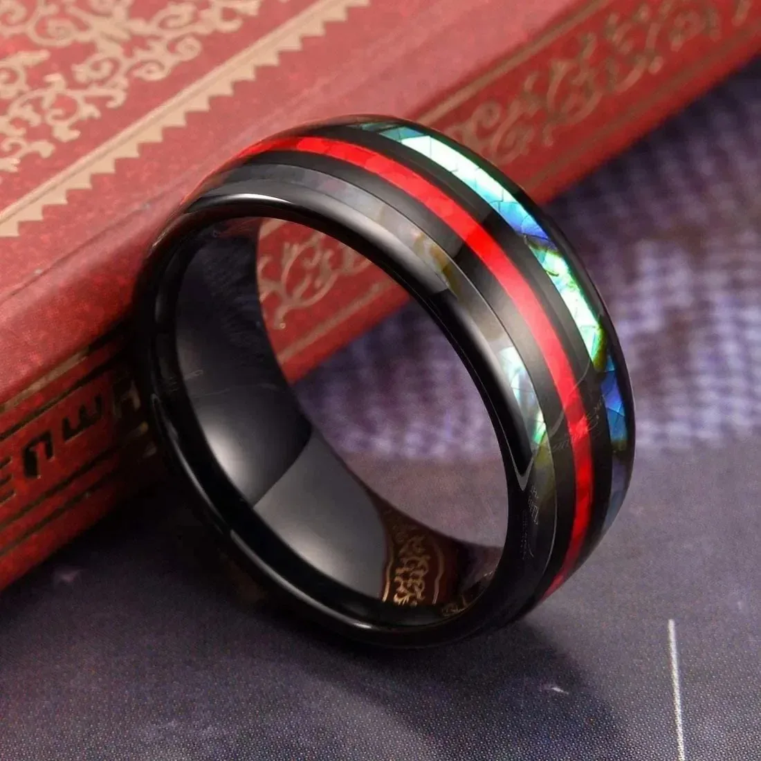 Fashion 8mm Stainless Steel Rings For Men Inlay Red Opal And Abalone Shell Ring Men Wedding Engagement Jewelry Anniversary Gifts